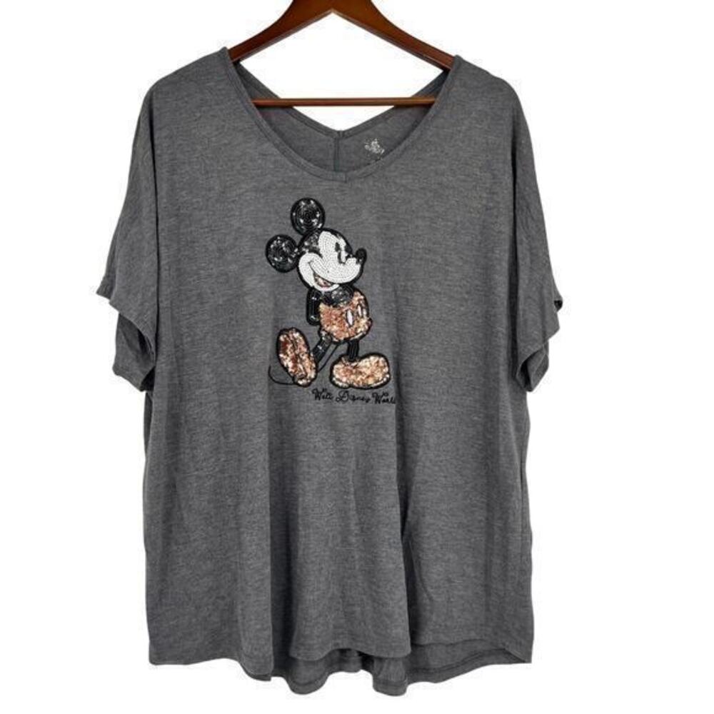 Disney Parks Authentic V-Neck bronze Sequin Mickey Mouse Gray Pullover Top sz XL